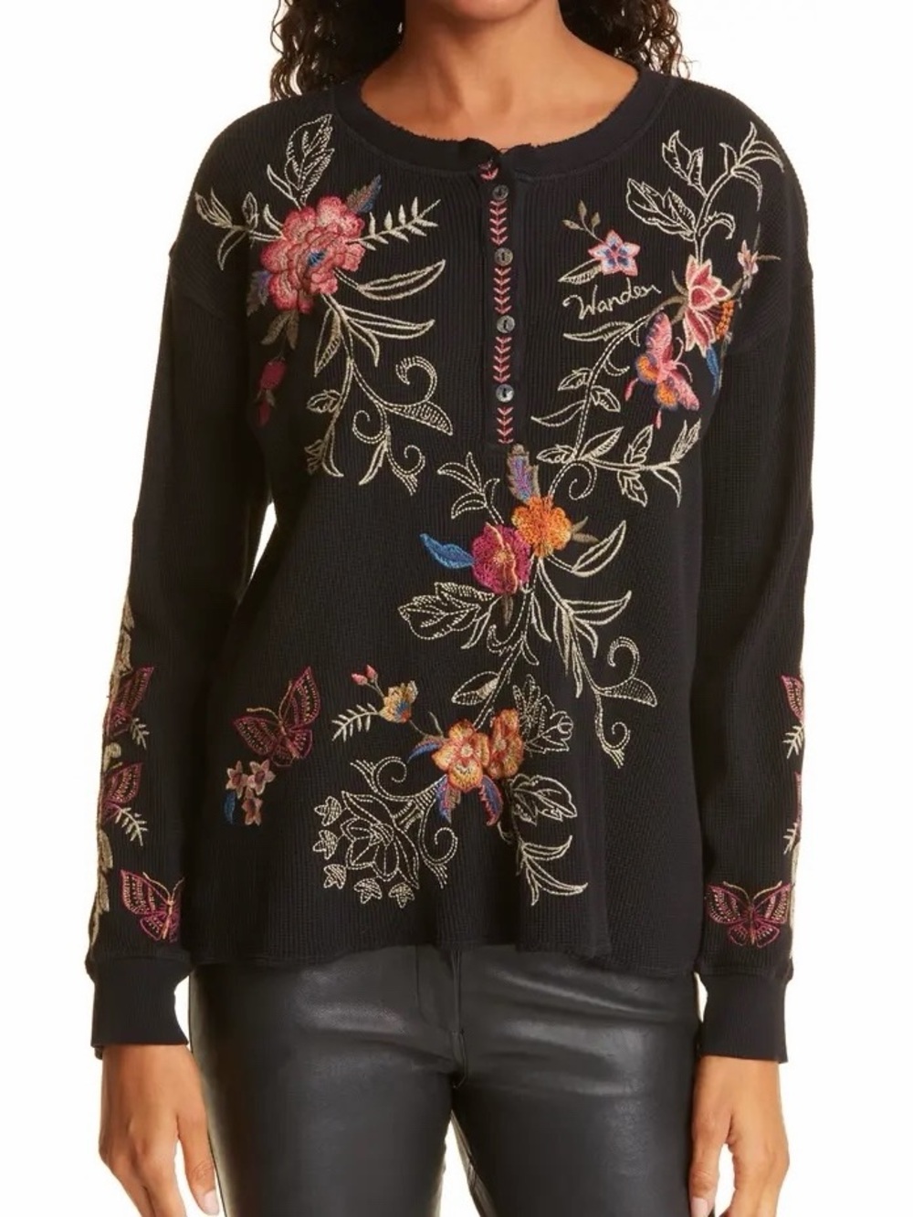 Johnny Was Taline Floral Embroidered Thermal Cotton Henley Top